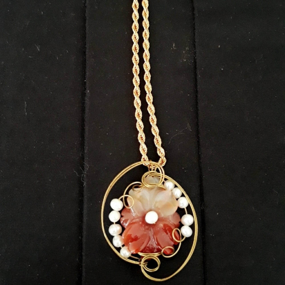 Vintage Carved Carnelian and Pearl Flower Pendant + Monet Chunky Gold Tone Chain - Picture 8 of 14